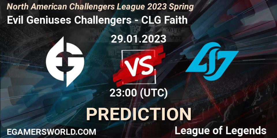 Evil Geniuses Challengers vs CLG Faith: Match Prediction. 29.01.23, LoL, NACL 2023 Spring - Group Stage