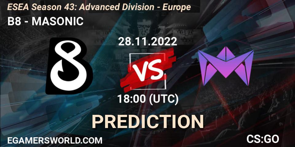 B8 vs MASONIC: Match Prediction. 28.11.22, CS2 (CS:GO), ESEA Season 43: Advanced Division - Europe