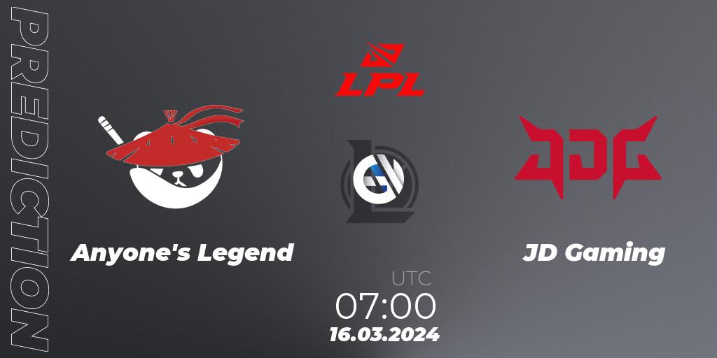 Anyone's Legend vs JD Gaming: Match Prediction. 16.03.24, LoL, LPL Spring 2024 - Group Stage