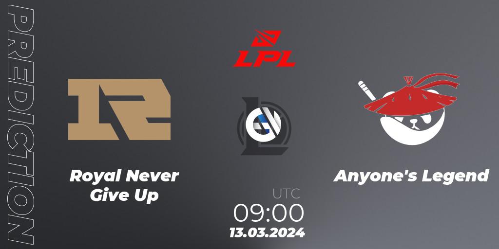 Royal Never Give Up vs Anyone's Legend: Match Prediction. 13.03.24, LoL, LPL Spring 2024 - Group Stage