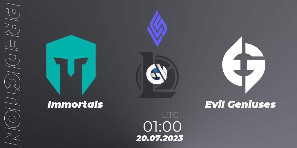 Immortals vs Evil Geniuses: Match Prediction. 20.07.23, LoL, LCS Summer 2023 - Group Stage