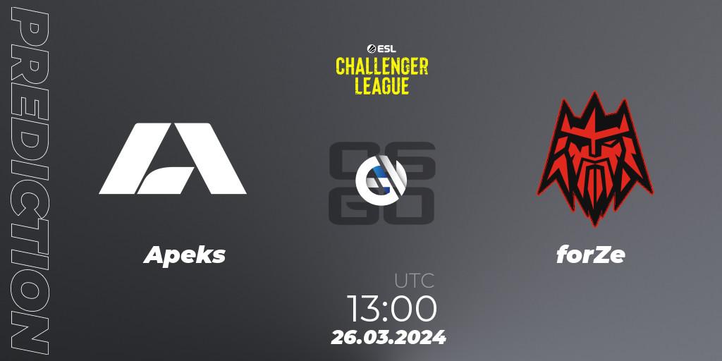 Apeks vs forZe: Match Prediction. 26.03.24, CS2 (CS:GO), ESL Challenger League Season 47: Europe
